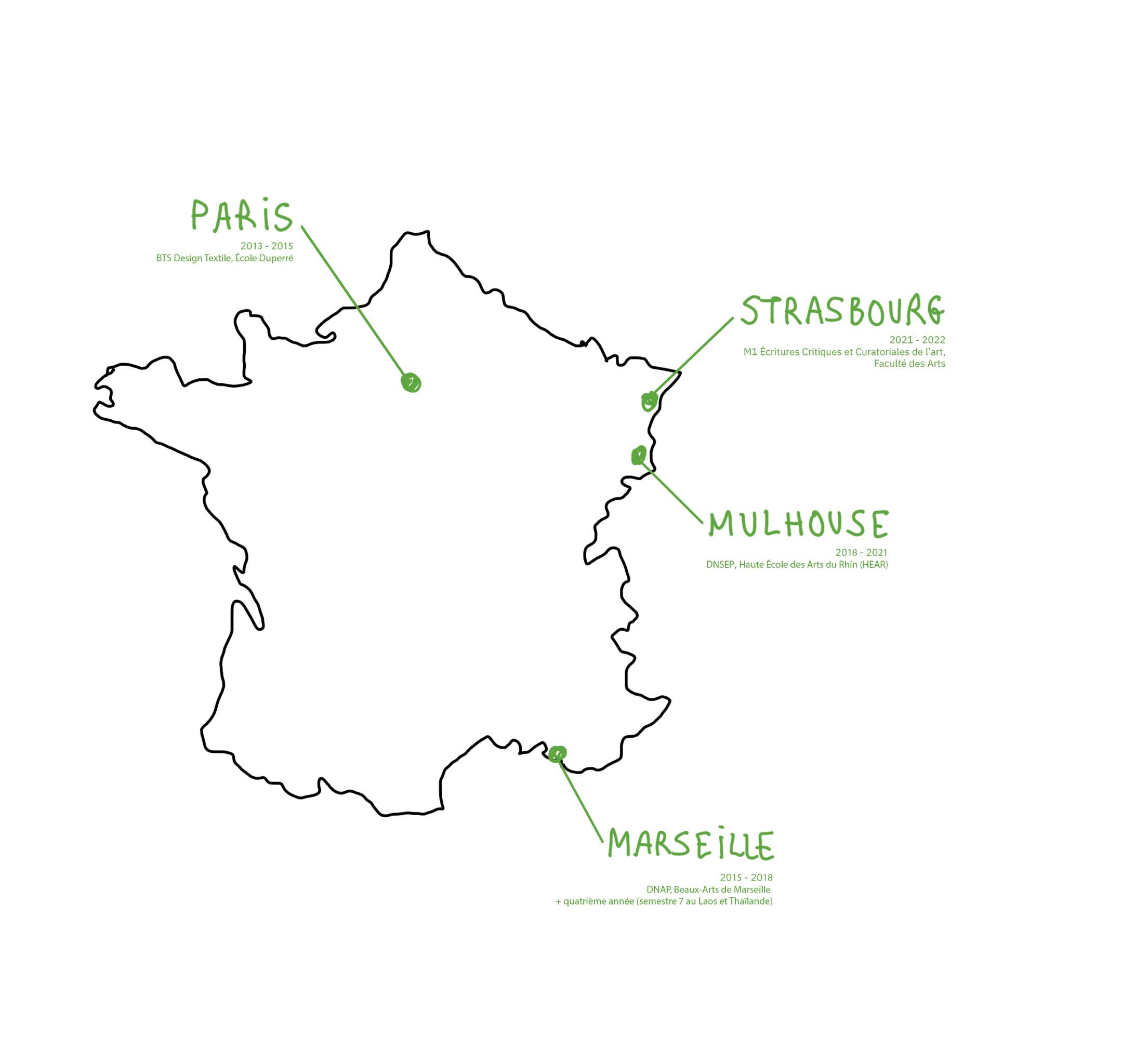 Carte des formations de Justine Siret : Paris, Marseille, Mulhouse et Strasbourg, de 2013 à 2022.